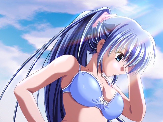 higuchi norie, omoide no kaeru basho, game cg, 1girl, bikini, blue eyes, blue hair, breasts, day, female focus, matching hair/eyes, medium breasts, ponytail, sky, solo, swimsuit