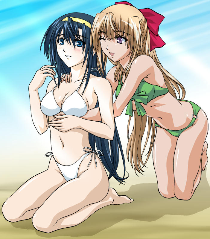 himemiya chikane, kurusugawa himeko, kannazuki no miko, light brown hair, artist request, 00s, 2girls, ;d, bare arms, bare legs, bare shoulders, barefoot, bikini, blue eyes, blue hair, breasts, cleavage, collarbone, female focus, green bikini, hair between eyes, hair ribbon, hairband, half updo, hug, hug from behind, kneeling, leaning, leaning forward, legs, looking at another, looking at viewer, midriff, multiple girls, navel, neck, one eye closed, open mouth, parted lips, purple eyes, ribbon, shadow, side-tie bikini bottom, sitting, smile, swimsuit, white bikini, wink, yellow hairband, yuri