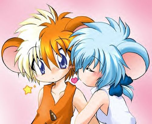 hamtaro, hamutarou (hamutarou), ribbon (hamtaro), hamtaro (series), eyebrows, jpeg artifacts, lowres, 1boy, 1girl, animal ears, chibi, chibi only, heart, hetero, kiss, personification, pink background, star (symbol)
