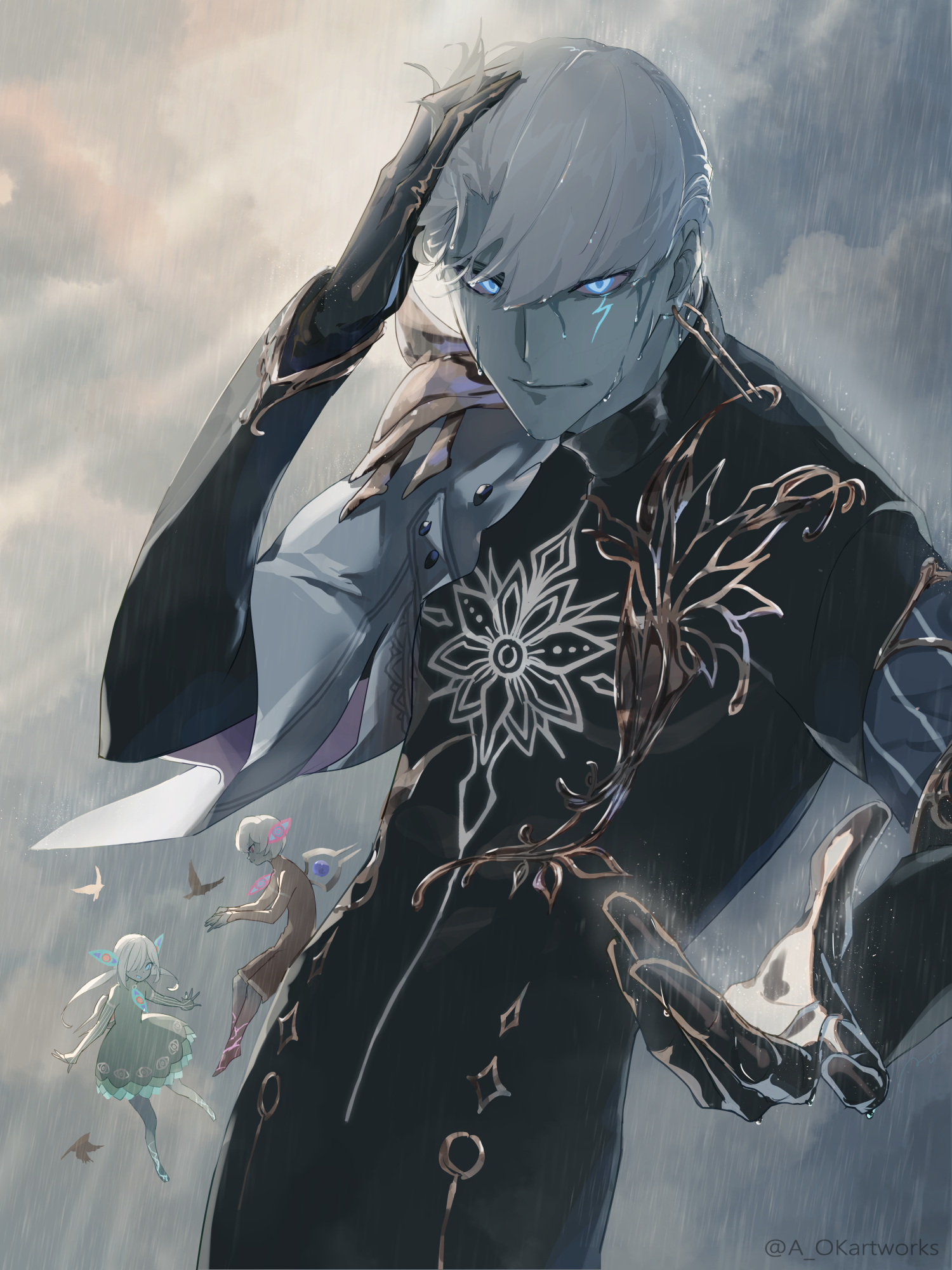 aopix 001, boy vajra (fate), girl vajra (fate), indra (fate), fate/grand order, fate (series), highres, 1girl, 2boys, armor, black shirt, blue eyes, colored sclera, colored skin, dark-skinned male, dark skin, earrings, gloves, grey sclera, grey skin, jewelry, lightning bolt facial mark, lightning bolt symbol, long sleeves, looking at viewer, male focus, multiple boys, offering hand, pauldrons, rain, shirt, short hair, shoulder armor, single pauldron, smile, solo, wet, white hair