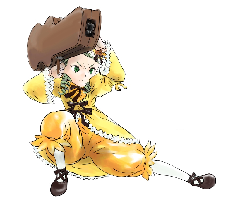 kanaria, desperado, rozen maiden, dress, green eyes, green hair, guitar case, instrument case, parody, solo