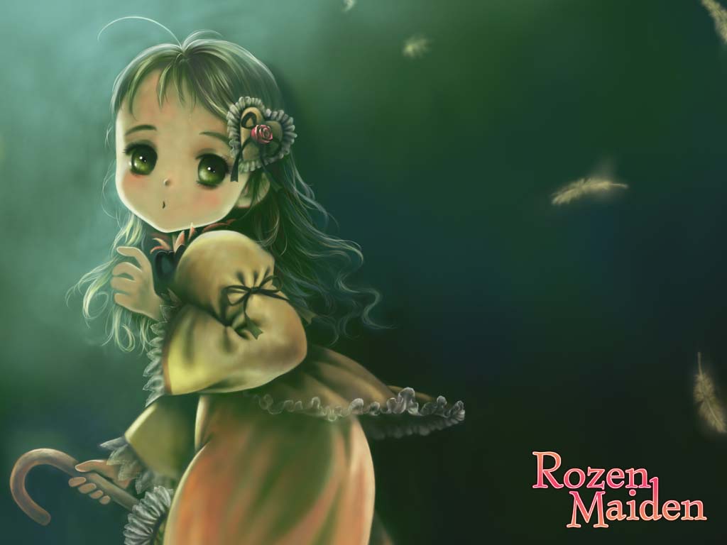 toshi hiroshi, kanaria, rozen maiden, 00s, 1girl, :o, alternate hairstyle, blush, closed umbrella, copyright name, cowboy shot, feathers, female focus, from side, green eyes, green hair, hair ornament, heart, heart hair ornament, long hair, long sleeves, looking at viewer, matching hair/eyes, parted lips, ribbon, solo, umbrella