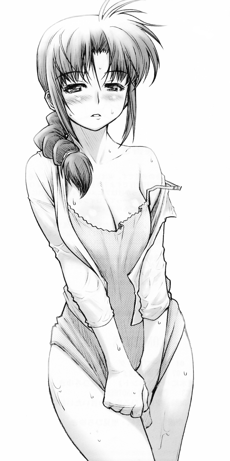 kuuya (artist), kawase ryouko, major, highres, 00s, 1girl, blouse, blush, bottomless, braid, breasts, camisole, cleavage, covering crotch, covering privates, female focus, greyscale, large breasts, monochrome, open clothes, open shirt, ponytail, shirt, single braid, solo, strap slip, sweat