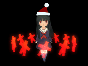 enma ai, jigoku shoujo, animated, animated gif, lowres, 00s, 1girl, 3d, black serafuku, blunt bangs, christmas, female focus, hat, hime cut, long hair, pleated skirt, santa hat, school uniform, serafuku, skirt, solo, straw doll