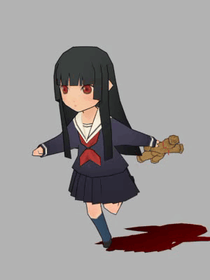 enma ai, jigoku shoujo, animated, animated gif, lowres, 00s, 1girl, 3d, black serafuku, blunt bangs, female focus, hime cut, pleated skirt, running, school uniform, serafuku, skirt, solo, straw doll