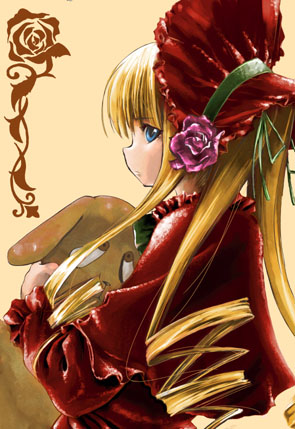 kazumiya akira, kunkun, shinku, rozen maiden, beige background, lowres, 00s, 1girl, blonde hair, blue eyes, bonnet, dress, drill hair, female focus, flower, frilled sleeves, frills, hat, looking at viewer, red bonnet, red dress, red hat, rose, simple background, solo, stuffed animal, stuffed toy, twin drills, twintails, upper body