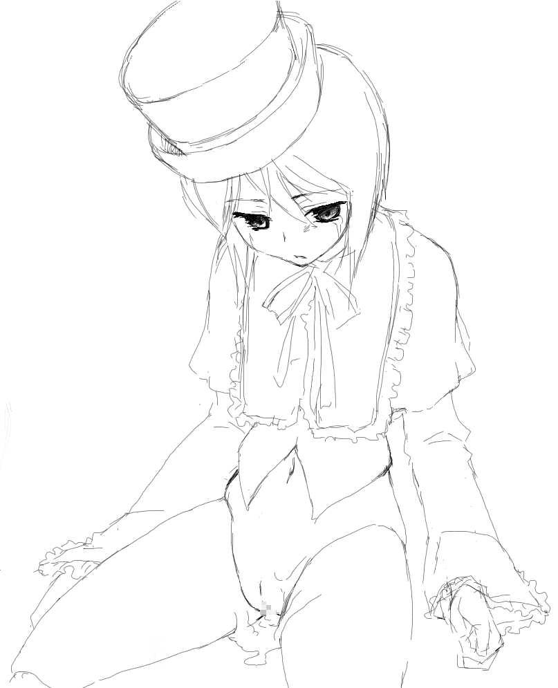 seura isago, souseiseki, rozen maiden, 00s, 1girl, bottomless, cum, cum pool, female focus, greyscale, heterochromia, monochrome, simple background, solo, tears