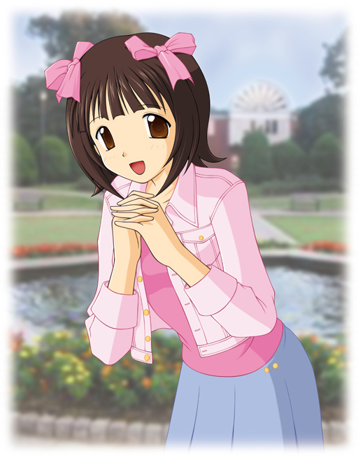 ebihara kyousuke, amami haruka, idolmaster, idolmaster (classic), idolmaster 1, 00s, 1girl, brown eyes, brown hair, female focus, open mouth, ribbon, short hair, skirt, smile, solo