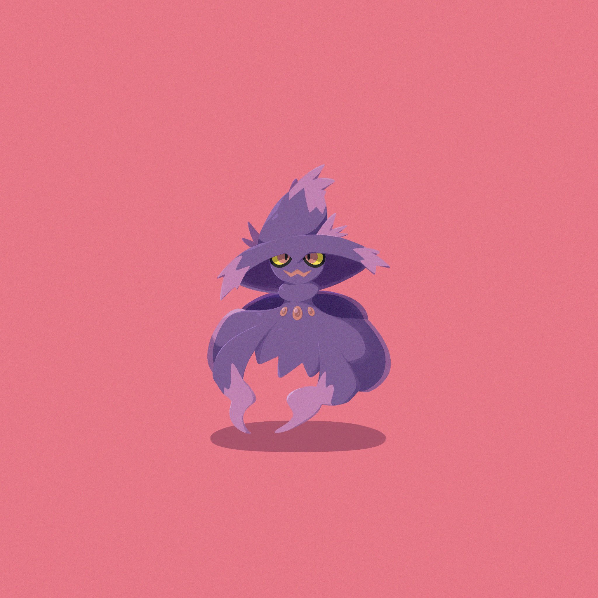 afuron, mismagius, nintendo, pokemon, commentary request, highres, colored sclera, full body, gen 4 pokemon, looking at viewer, no humans, pink background, pink eyes, pokemon (creature), pokemon focus, smile, solo, yellow sclera