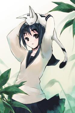 katase yuu, original, lowres, 1girl, animal, animal on head, black eyes, black hair, cat, female focus, leaf, long sleeves, on head, pleated skirt, school uniform, serafuku, short hair, skirt, solo