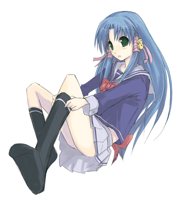 fuchuu, aoba kozue, mahoraba, 00s, 1girl, blue hair, female focus, green eyes, hair tubes, long hair, looking at viewer, no shoes, pleated skirt, school uniform, serafuku, skirt, socks, solo