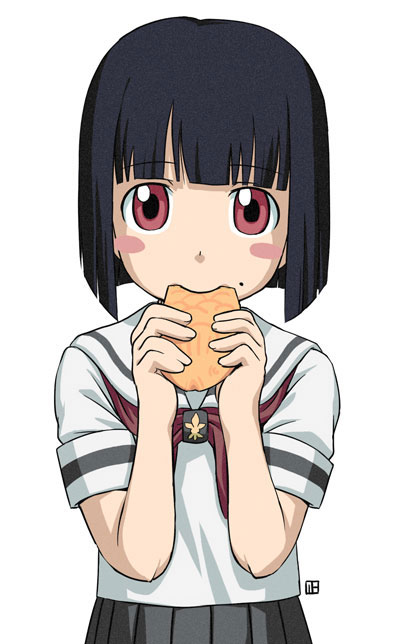 nagian, saegusa miko, kamichu!, 00s, 1girl, black hair, blunt bangs, bob cut, eating, female focus, food, looking at viewer, red eyes, school uniform, serafuku, simple background, solo, taiyaki, wagashi, white background