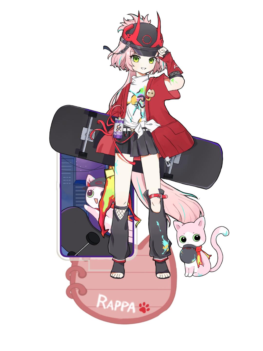 rappa (honkai: star rail), honkai: star rail, honkai (series), bad source, highres, 1girl, aqua hair, ashui3 shuo, baseball cap, black skirt, cat, english text, hat, horns, jacket, multicolored hair, pink hair, ponytail, red jacket, shirt, skateboard, skirt, smile, solo, streaked hair, tail, white shirt