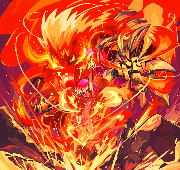 omake3213, rayearth, rayearth (character), shidou hikaru, magic knight rayearth, 1990s (style), 1girl, braid, completely nude, female focus, fire, long hair, navel, nude, red eyes, red hair, retro artstyle, single braid, solo