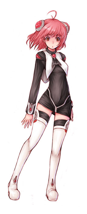 kara (color), momo mizrahi, xenosaga, xenosaga episode i, 00s, 1girl, ahoge, female focus, legs, miniskirt, open mouth, pink hair, short hair, simple background, skirt, solo, thighhighs, white background, white thighhighs, zettai ryouiki
