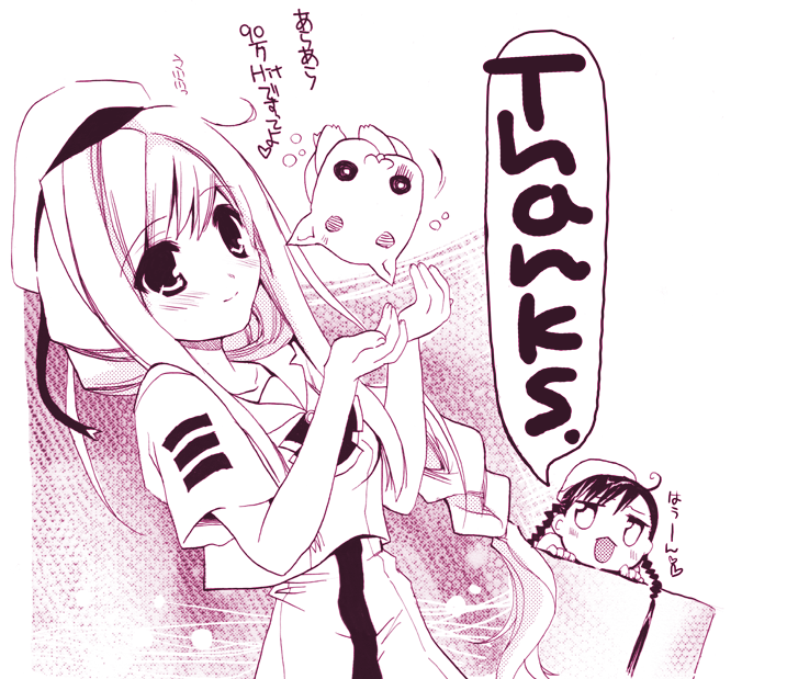 sacchi, aika granzchesta, alicia florence, aria pokoteng, aria (manga), 00s, 2girls, :3, ahoge, blouse, blush, braid, cat, collared shirt, cowboy shot, hat, long hair, monochrome, multiple girls, purple theme, ribbon, school uniform, serafuku, shirt, short hair, short sleeves, sidelocks, single braid, skirt, smile, throwing, twin braids, very long hair, white shirt
