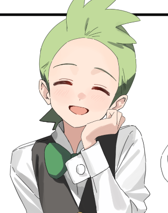 pokesudal, cilan (pokemon), nintendo, pokemon, pokemon bw, commentary request, korean commentary, lowres, 1boy, :d, bow, bowtie, closed eyes, facing viewer, green bow, green bowtie, green hair, hand up, happy, head rest, head tilt, long sleeves, male focus, open mouth, shirt, short hair, smile, solo, vest, white shirt