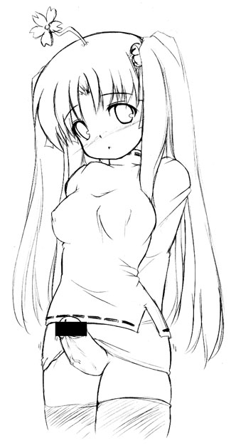 uma (umaya), aoba kozue, konno natsume, mahoraba, 00s, 1futa, ahoge, arms behind back, bar censor, breasts, censored, clothes lift, covered erect nipples, erection, flower, flower on head, futanari, greyscale, long hair, medium breasts, medium penis, miniskirt, monochrome, penis, skirt, skirt lift, solo, standing, thighhighs, twintails