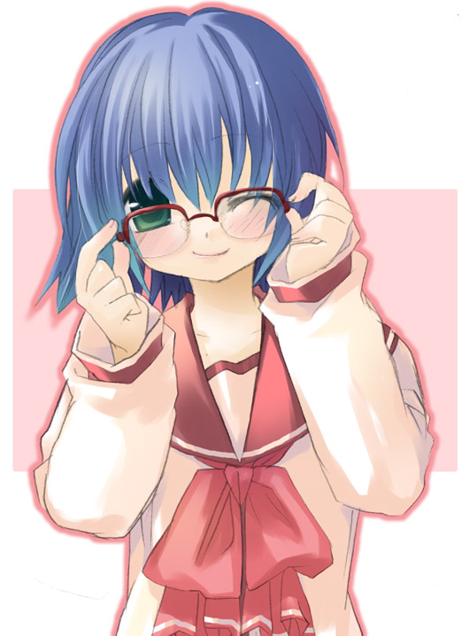 sazaki ichiri, tonami yuma, to heart (series), to heart 2, 00s, 1girl, adjusting eyewear, blue hair, blush, female focus, glasses, green eyes, looking at viewer, one eye closed, school uniform, semi-rimless eyewear, serafuku, smile, solo