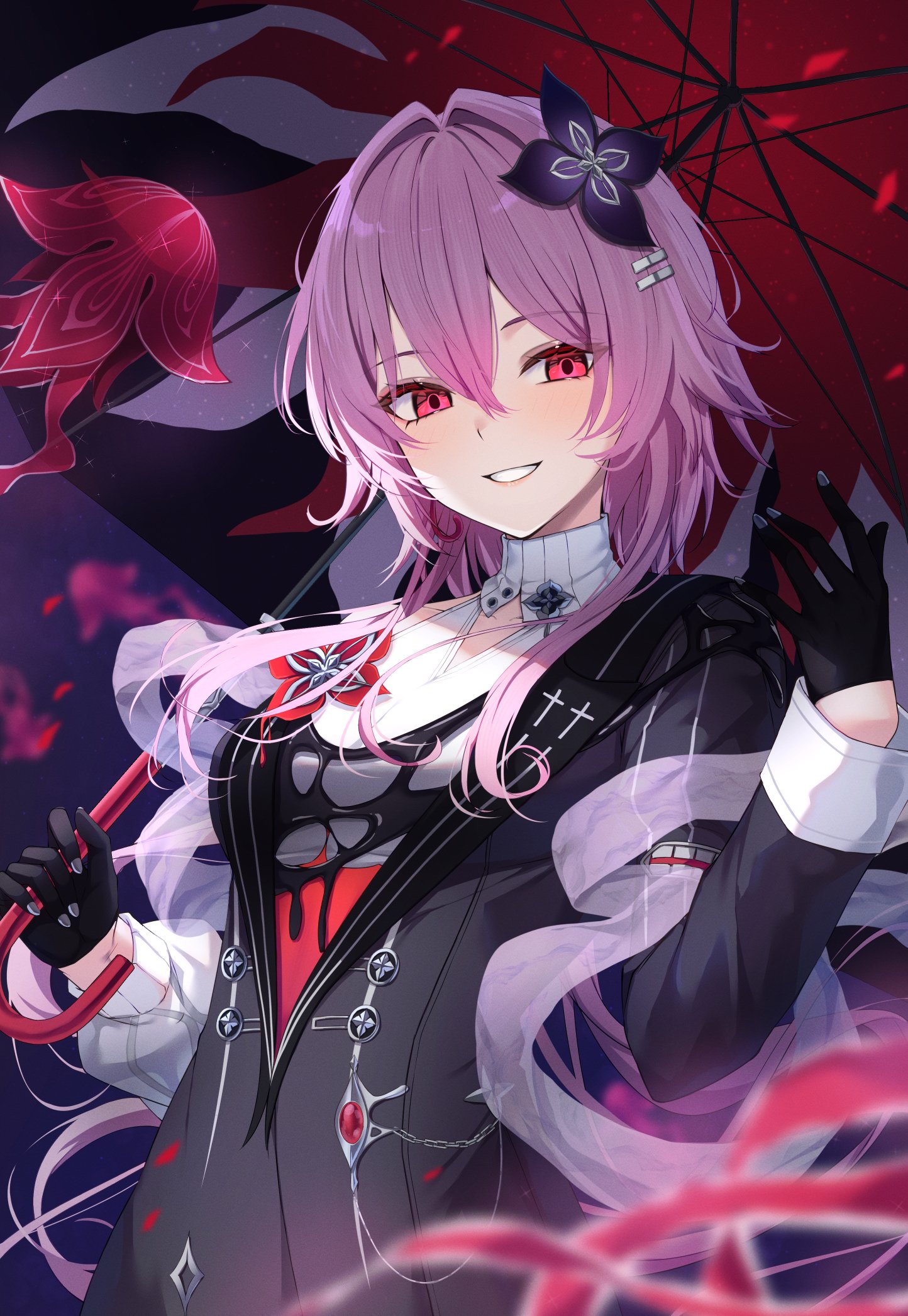 sakuno (sksk sakuno), evernight (honkai: star rail), march 7th (honkai: star rail), honkai: star rail, honkai (series), highres, 1girl, black dress, black gloves, dress, gloves, holding, holding umbrella, long hair, long sleeves, looking at viewer, official alternate costume, official alternate eye color, official alternate hair length, official alternate hairstyle, pink hair, red eyes, smile, solo, umbrella