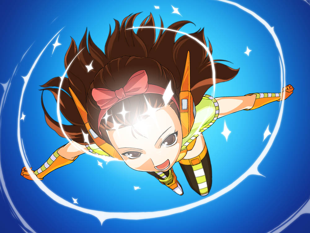 a1 (initial-g), dekochin, minase iori, idolmaster, idolmaster (classic), idolmaster 1, >:d, 00s, 1girl, :d, blue background, bow, brown eyes, brown hair, cape, cosmic & funny (idolmaster), female focus, full body, hair bow, hairband, headgear, long hair, looking at viewer, open mouth, simple background, smile, solo, thighhighs, v-shaped eyebrows