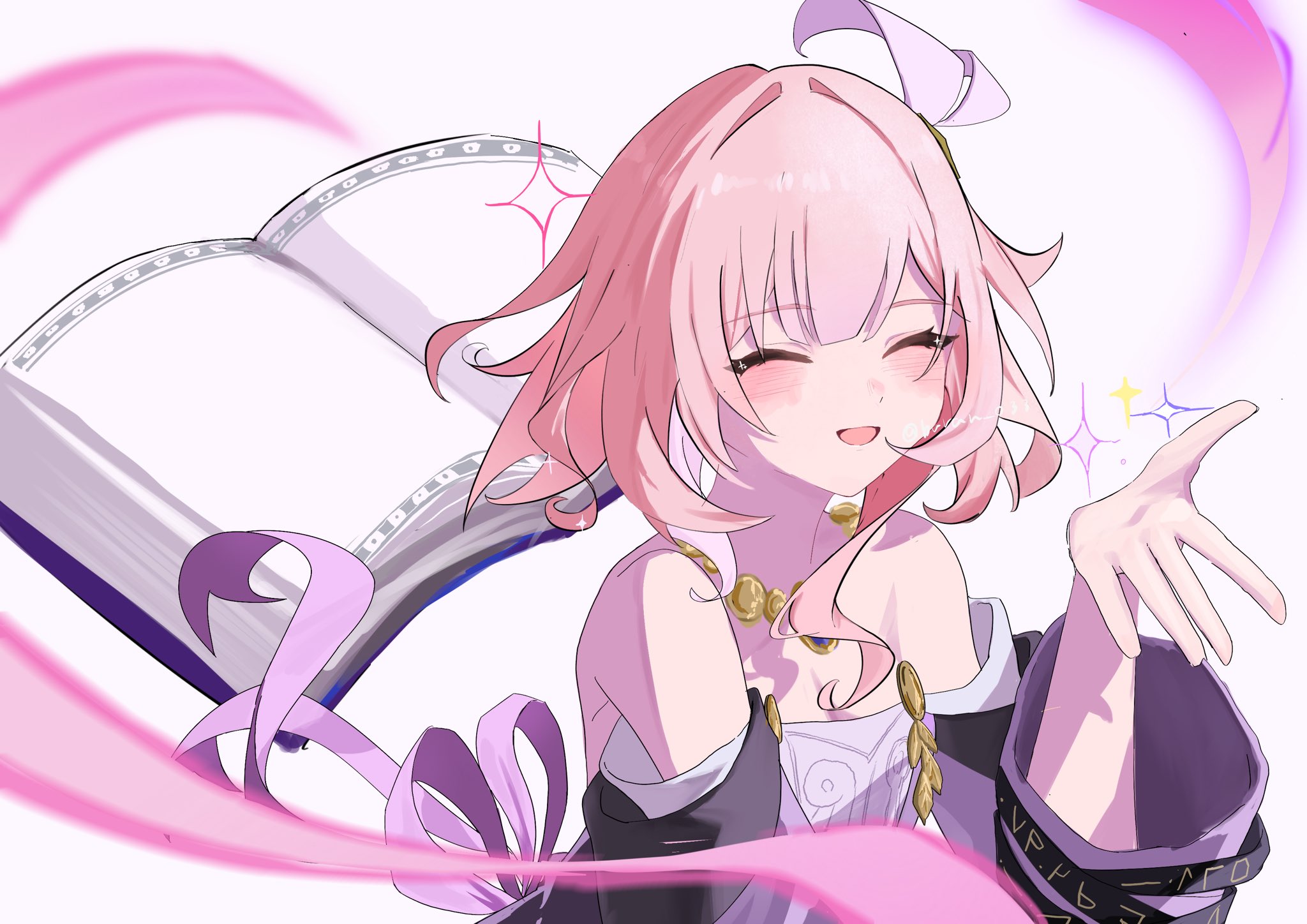 cyrene (honkai: star rail), honkai: star rail, honkai (series), commentary request, highres, 1girl, bare shoulders, book, breasts, buran 033, coat, dress, hair ornament, jewelry, necklace, open book, parted lips, pink hair, purple coat, short hair, small breasts, smile, solo, white dress