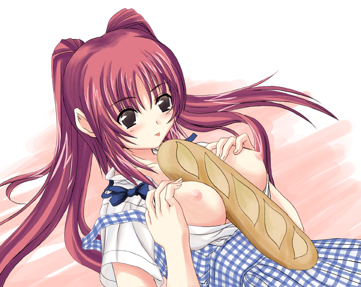 date (senpen), kousaka tamaki, to heart (series), to heart 2, 00s, 1girl, between breasts, bread, breasts, female focus, food, large breasts, nipples, solo, tongue, twintails, what