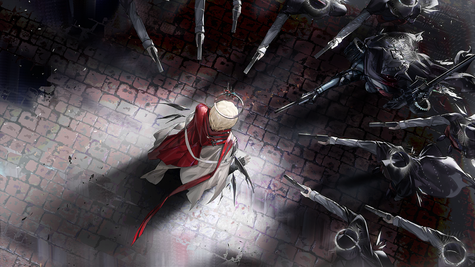 executor (arknights), executor the ex foedere (arknights), arknights, game cg, highres, official art, third-party source, 1boy, 1girl, 6+others, aiming, aiming at another, ambiguous gender, at gunpoint, aulora (arknights), black halo, black wings, blonde hair, cape, cloak, crystal wings, detached wings, from above, gun, halo, holding, holding gun, holding weapon, hood, hood up, hooded cloak, multiple others, outdoors, radio antenna, solo focus, surrounded, surrounded by guns, threat, weapon, white cape, wings