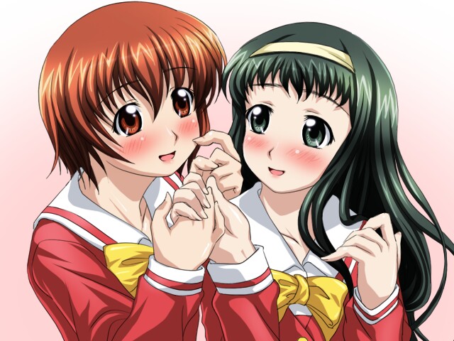 sanshita, kamiizumi yasuna, osaragi hazumu, kashimashi, 00s, 2girls, :d, blush, bow, bowtie, brown eyes, brown hair, genderswap, genderswap (mtf), green eyes, green hair, long sleeves, multiple girls, open mouth, red shirt, sailor collar, school uniform, serafuku, shirt, smile, upper body, yuri