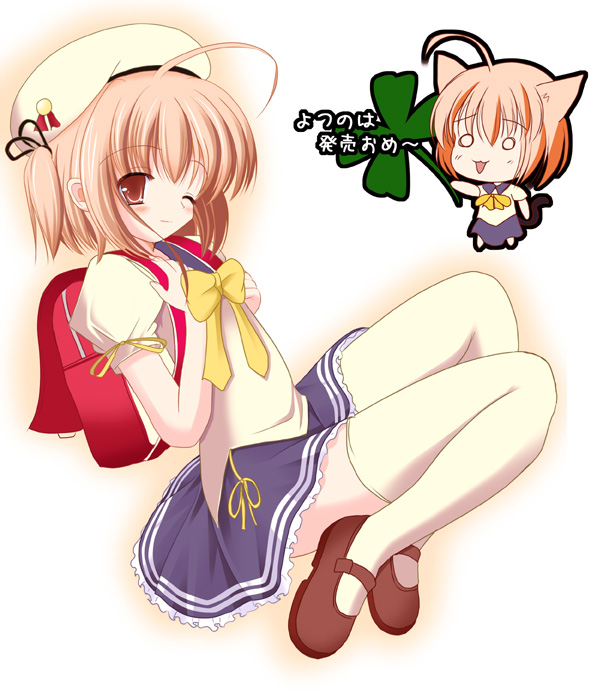 sakura mikan (chirizakura), nekomiya nono, yotsunoha, 00s, 1girl, :3, ahoge, backpack, bag, beret, chibi, clover, four-leaf clover, hat, mary janes, multiple views, o o, randoseru, school uniform, serafuku, shoes, thighhighs