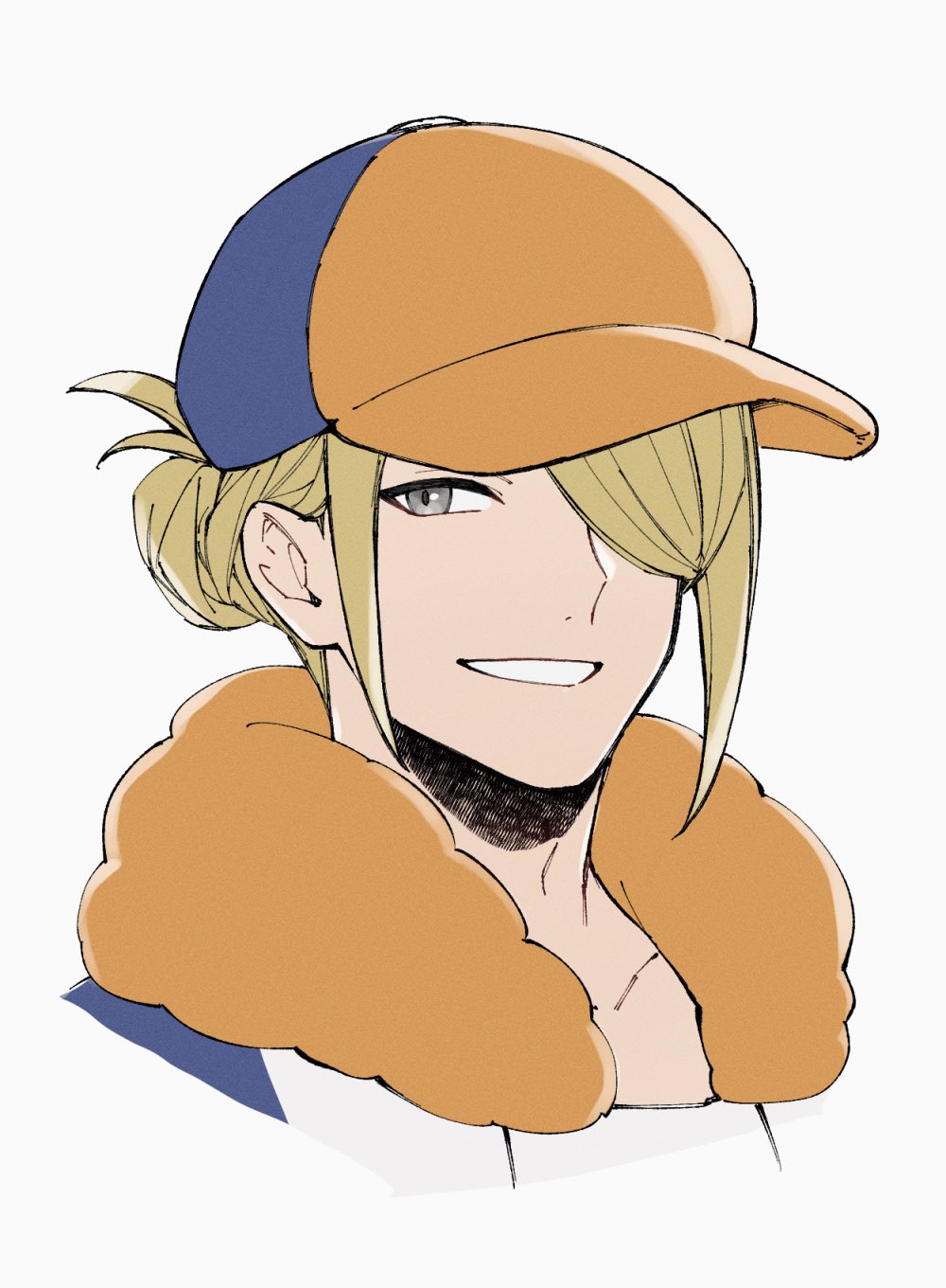 mocollie, volo (pokemon), nintendo, pokemon, pokemon legends: arceus, commentary request, highres, 1boy, blonde hair, collarbone, grey eyes, grin, hair bun, hair over one eye, happy, hat, looking at viewer, male focus, orange hat, portrait, short hair, simple background, smile, solo, teeth, white background