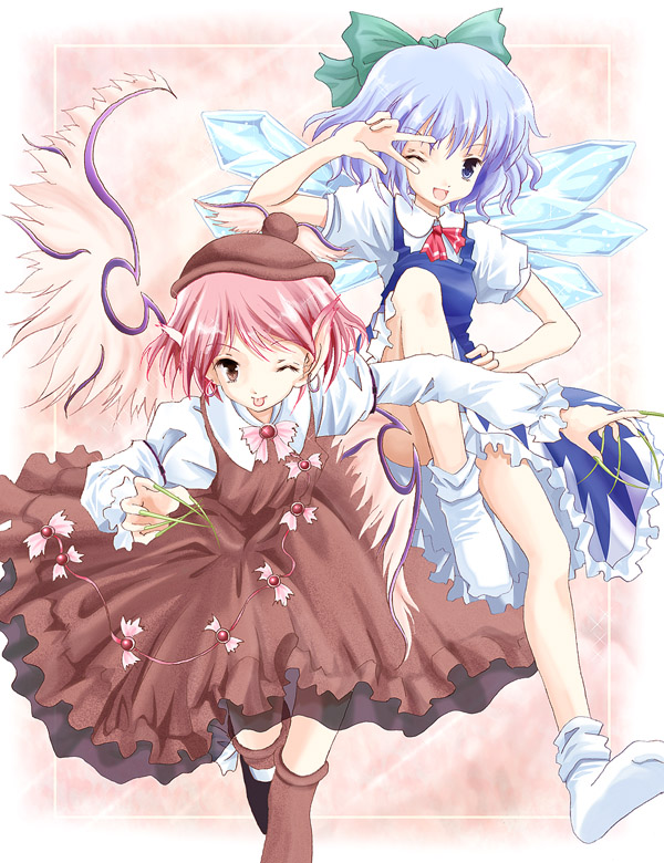 enjou yukito, cirno, mystia lorelei, touhou, white legwear, 2girls, bird wings, blue eyes, blue hair, bow, brown dress, brown hat, dress, earrings, female focus, fingernails, green bow, green nails, hat, ice, ice wings, jewelry, long fingernails, long sleeves, multiple girls, nail polish, no panties, one eye closed, pink eyes, pink hair, pointy ears, puffy short sleeves, puffy sleeves, short hair, short sleeves, socks, tongue, tongue out, v, white sleeves, wings, wink