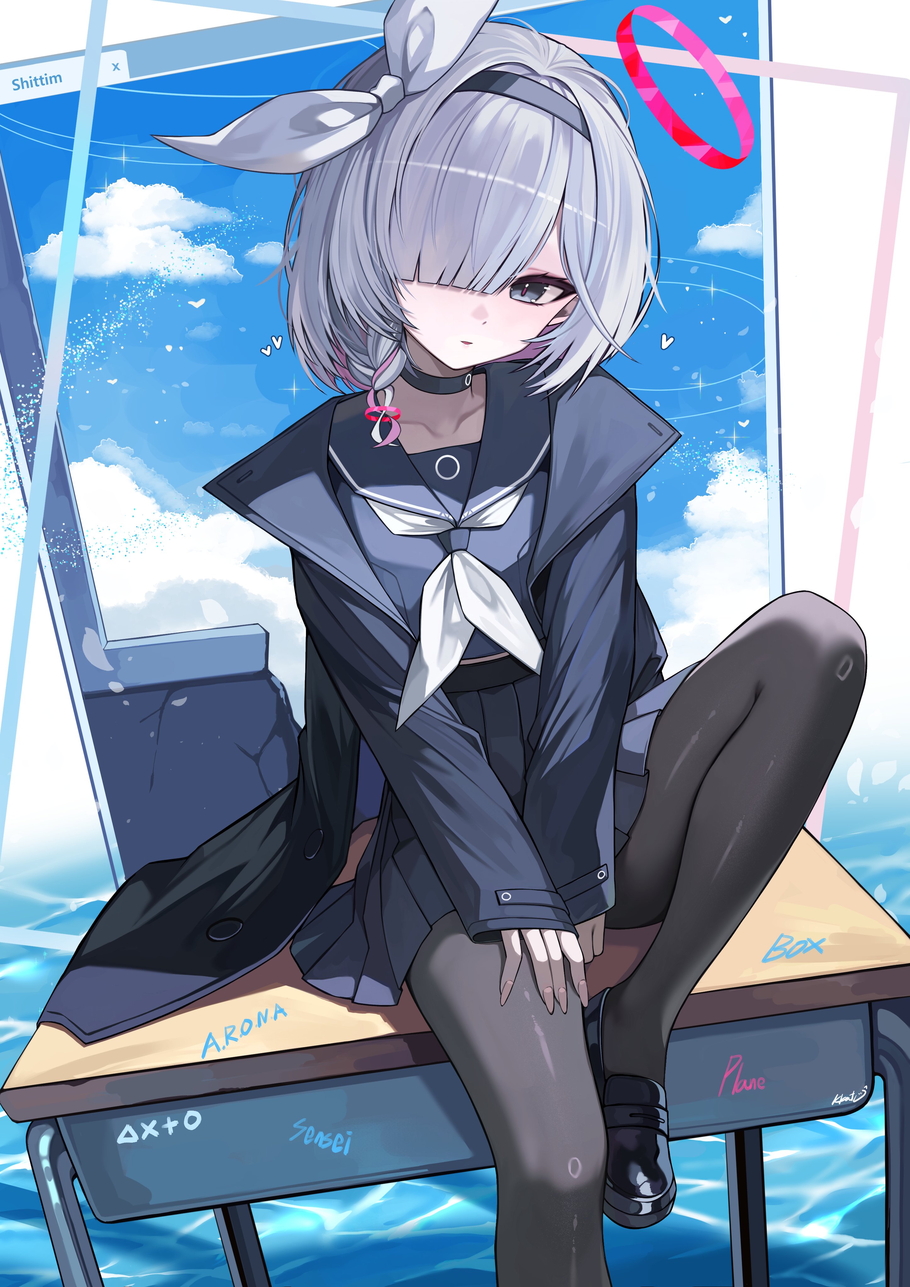 kkato, plana (blue archive), blue archive, absurdres, highres, 1girl, alternate hair length, alternate hairstyle, black hairband, black jacket, black pantyhose, black serafuku, black shirt, black shoes, black skirt, blue sky, braid, cloud, cloudy sky, desk, grey hair, hair over one eye, hairband, halo, jacket, multicolored hair, neckerchief, on desk, open clothes, open jacket, pantyhose, parted lips, pink hair, pink halo, school uniform, serafuku, shirt, shoes, short hair, sitting, skirt, sky, solo, white neckerchief