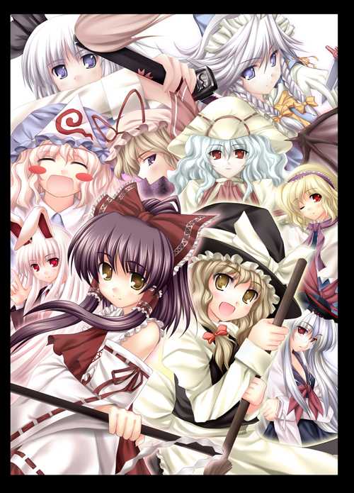 tateha (marvelous grace), alice margatroid, hakurei reimu, izayoi sakuya, kamishirasawa keine, kirisame marisa, konpaku youmu, remilia scarlet, saigyouji yuyuko, yakumo yukari, touhou, silver hair, 6+girls, animal ears, blonde hair, blush stickers, braid, broom, brown hair, detached sleeves, everyone, female focus, gohei, hair tubes, hat, knife, maid, multiple girls, pink hair, rabbit ears, ribbon, smile, sword, twin braids, weapon, wings, witch, witch hat