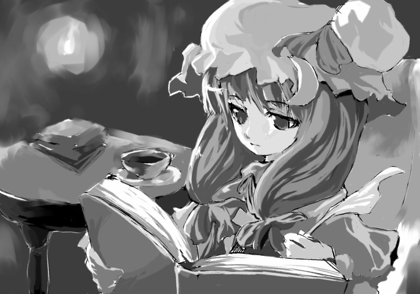 patchouli knowledge, touhou, 1girl, book, cup, female focus, grey background, grey theme, greyscale, hair over shoulder, hat, long hair, monochrome, open book, reading, solo, table, teacup
