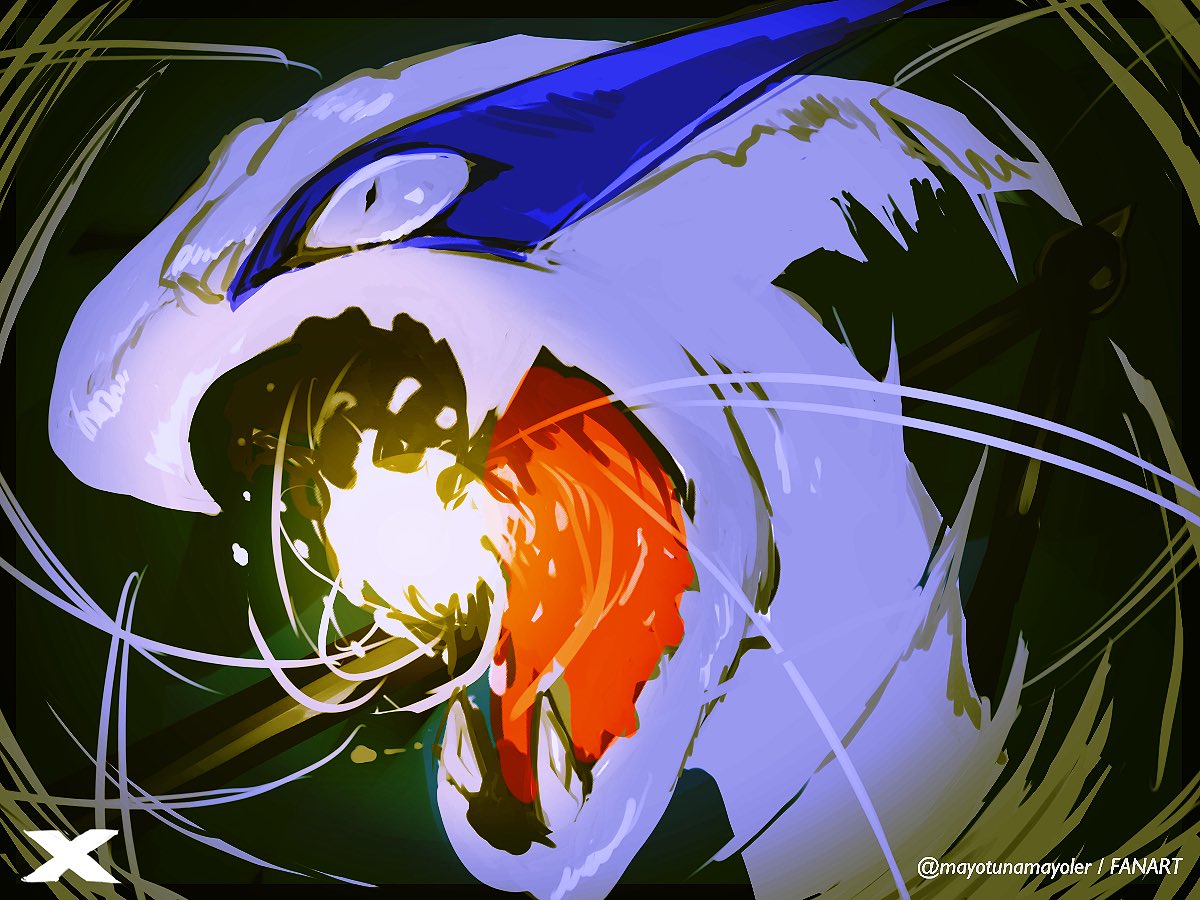 mayotsunamayo, lugia, nintendo, pokemon, commentary, black eyes, fangs, gen 2 pokemon, legendary, legendary pokemon, no humans, open mouth, pokemon (creature), pokemon focus, portrait, solo, tongue, twitter username, watermark
