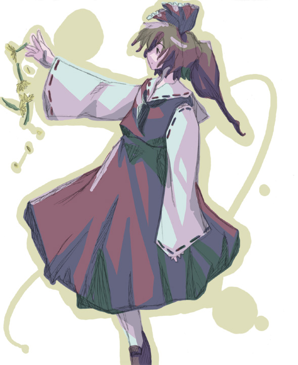takanashi akihito, hakurei reimu, touhou, light brown hair, white legwear, 1girl, ascot, bow, capelet, daisy (flower), female focus, flower, hair bow, large bow, loafers, long hair, long sleeves, pleated skirt, ponytail, profile, ribbon, shoes, simple background, skirt, skirt set, sleeves past wrists, solo, tiptoes, vest, white background, wide sleeves