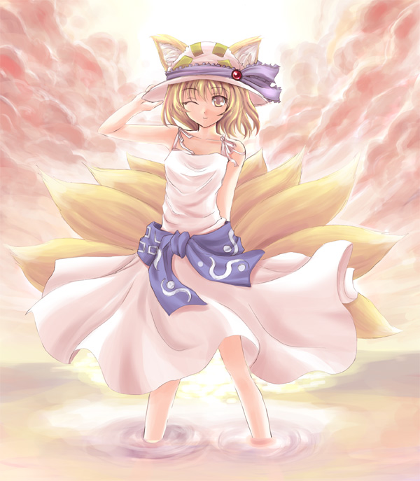 tateha (marvelous grace), yakumo ran, touhou, 1girl, alternate costume, animal ears, blonde hair, contemporary, dress, ears through headwear, female focus, fox ears, fox tail, hat, kitsune, kyuubi, multiple tails, solo, sundress, tail