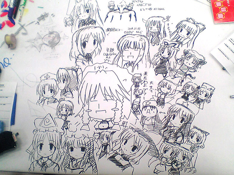 alice margatroid, chen, cirno, ex-keine, flandre scarlet, fujiwara no mokou, hakurei reimu, hong meiling, houraisan kaguya, inaba tewi, izayoi sakuya, kamishirasawa keine, kirisame marisa, koakuma, konpaku youmu, letty whiterock, lily white, lunasa prismriver, lyrica prismriver, patchouli knowledge, reisen udongein inaba, remilia scarlet, rumia, saigyouji yuyuko, yagokoro eirin, yakumo ran, yakumo yukari, touhou, photo (medium), 6+girls, animal ears, everyone, female focus, hat, monochrome, multiple girls, rabbit ears, siblings, sisters, sketch, wings, wink