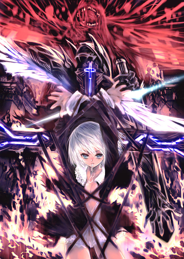 silver hair, 1girl, bdsm, bondage, bound, cross, dress, female focus, latin cross, monster, mouth hold, open clothes, open shirt, shirt, solo, torn clothes, torn dress, white eyes