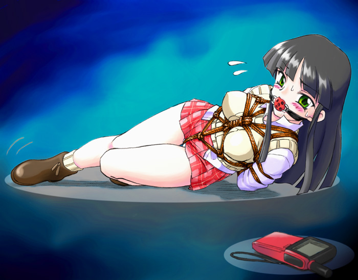 spark utamaro, shinozuka arashi, gad guard, 00s, 1girl, arms behind back, ball gag, bdsm, black hair, blush, bondage, bound, bound arms, box tie, breast bondage, breasts, cellphone, covered erect nipples, crotch rope, dress shirt, female focus, flying sweatdrops, gag, gagged, green eyes, hime cut, legs, long hair, medium breasts, miniskirt, panties, pantyshot, phone, plaid clothes, plaid skirt, rope, shibari, shirt, shoes, skirt, socks, solo, sweat, sweatdrop, sweater vest, thighs, underwear, upskirt, vest, white panties, wiffle gag