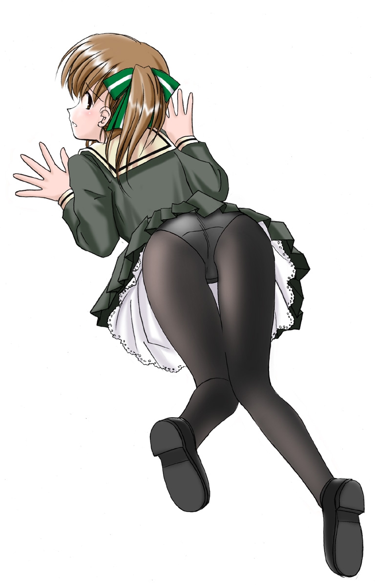 fukuzawa yumi, maria-sama ga miteru, highres, 00s, 1girl, ass, female focus, panties, panties under pantyhose, pantyhose, pleated skirt, school uniform, serafuku, simple background, skirt, solo, underwear, white background