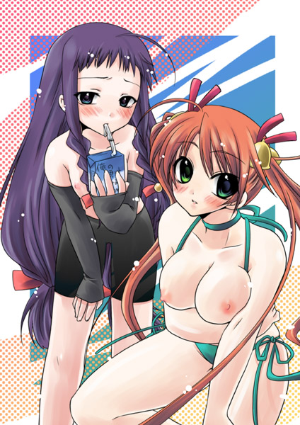 yukian, ayase yue, kagurazaka asuna, mahou sensei negima!, 00s, 2girls, bell, breasts, cherry pepper, hair bell, hair ornament, juice box, large breasts, multiple girls, nipples, topless female