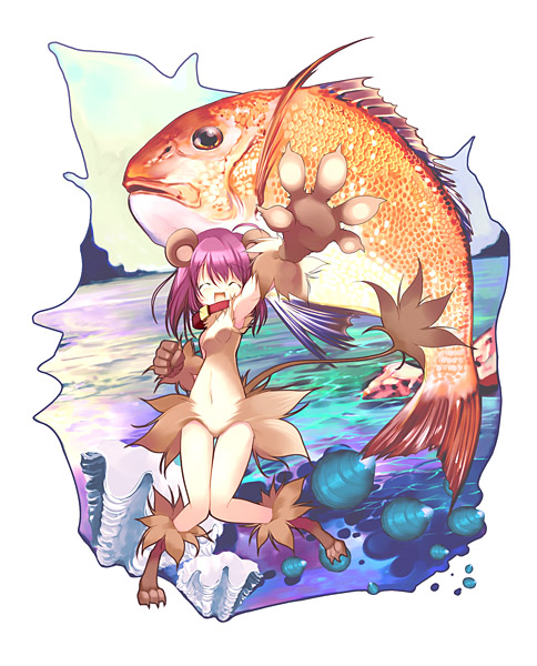hanpen, original, 1girl, animal, animal ears, claws, closed eyes, collar, female focus, fish, full body, furry, furry female, jewelry, navel, neck ring, outstretched arm, purple hair, scales, seashell, shell, solo, thigh gap, water, whiskers