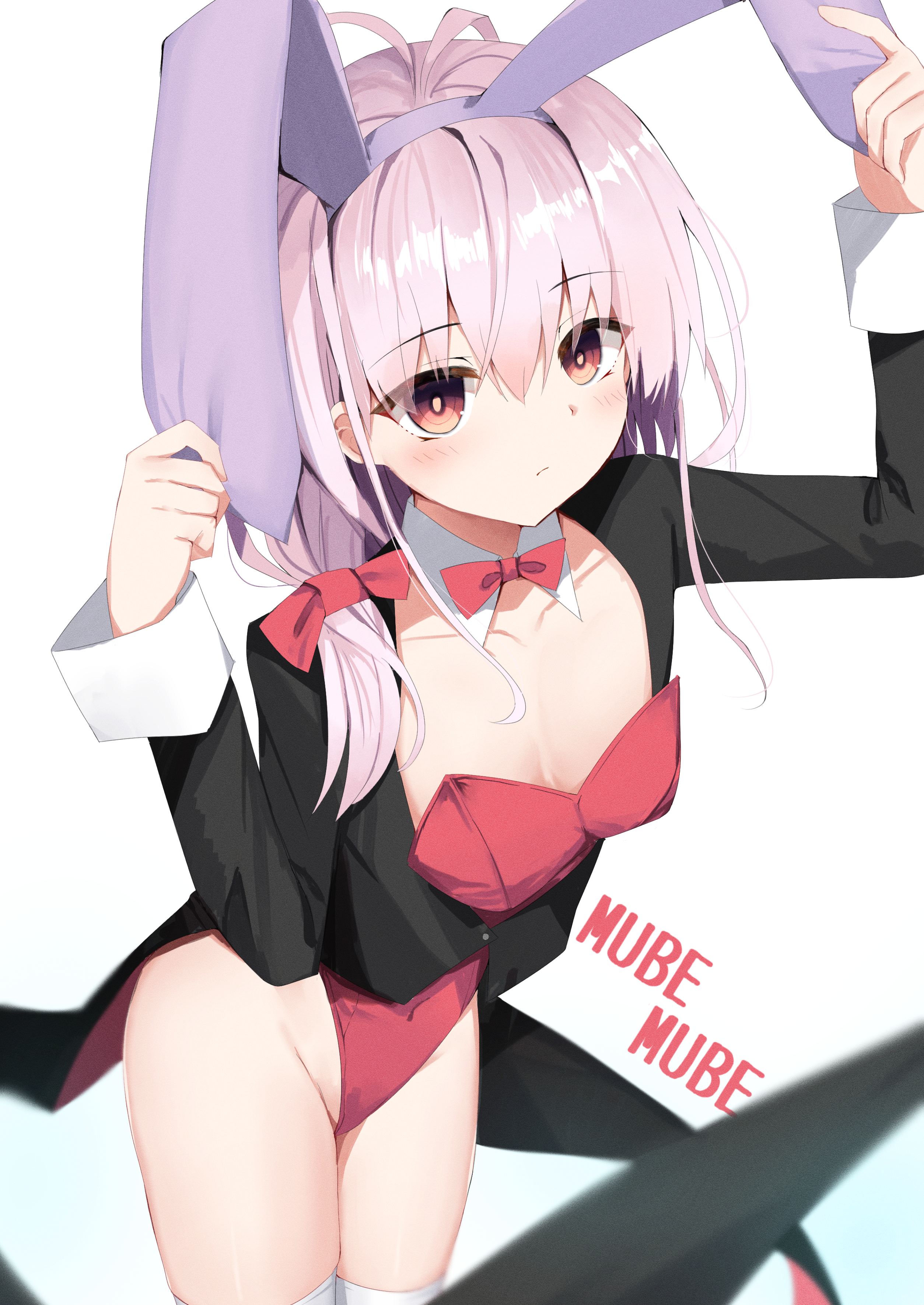 nodoameyatou, kotoyose fumino, nukigee mitai na shima ni sunderu watashi wa dou surya ii desu ka?, absurdres, commentary, highres, 1girl, animal ear hairband, animal ears, antenna hair, blurry, blush, bow, bowtie, breasts, cleavage, closed mouth, collarbone, cowboy shot, depth of field, detached collar, expressionless, eyes visible through hair, fake animal ears, groin, hair between eyes, hair bow, hairband, hands up, leotard, long sleeves, looking at viewer, medium hair, orange pupils, pink hair, playboy bunny, rabbit ears, red bow, red bowtie, red eyes, red leotard, simple background, small breasts, solo, strapless, strapless leotard, thighhighs, white background, white hairband, white thighhighs