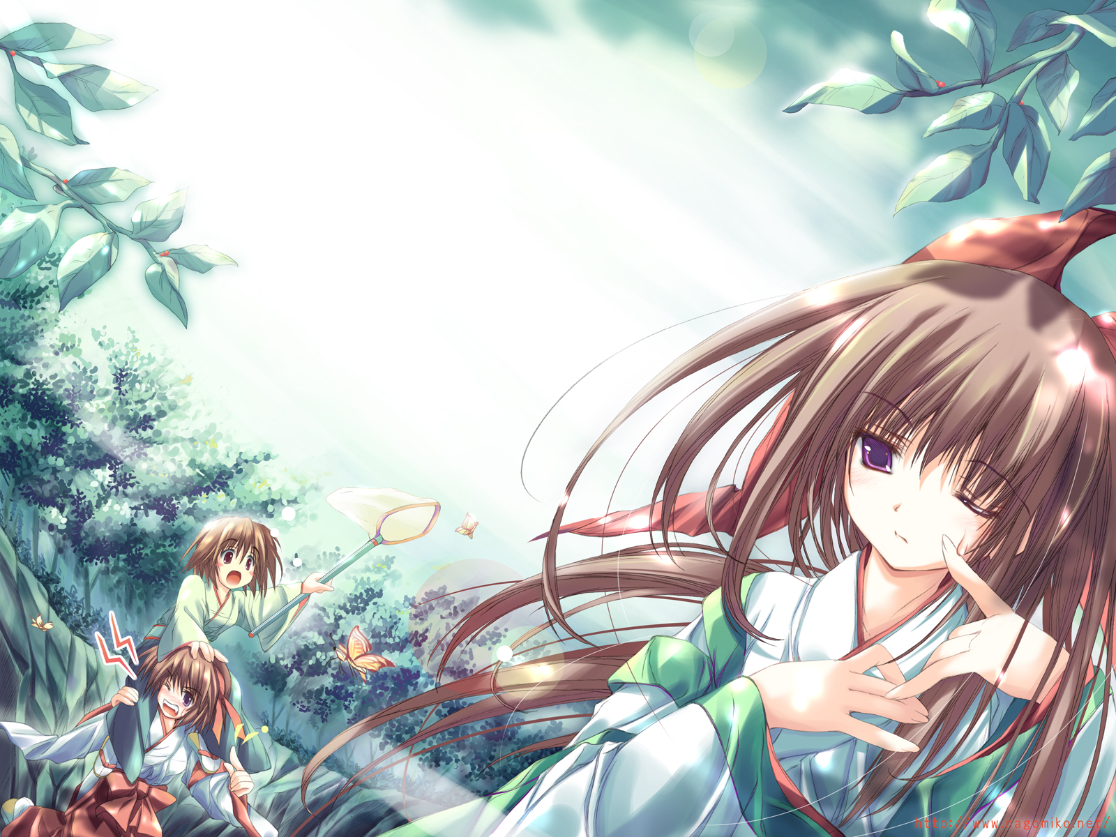 tenmu shinryuusai, original, highres, 3girls, bug, butterfly, butterfly net, carrying, hand net, insect, japanese clothes, multiple girls, shoulder carry