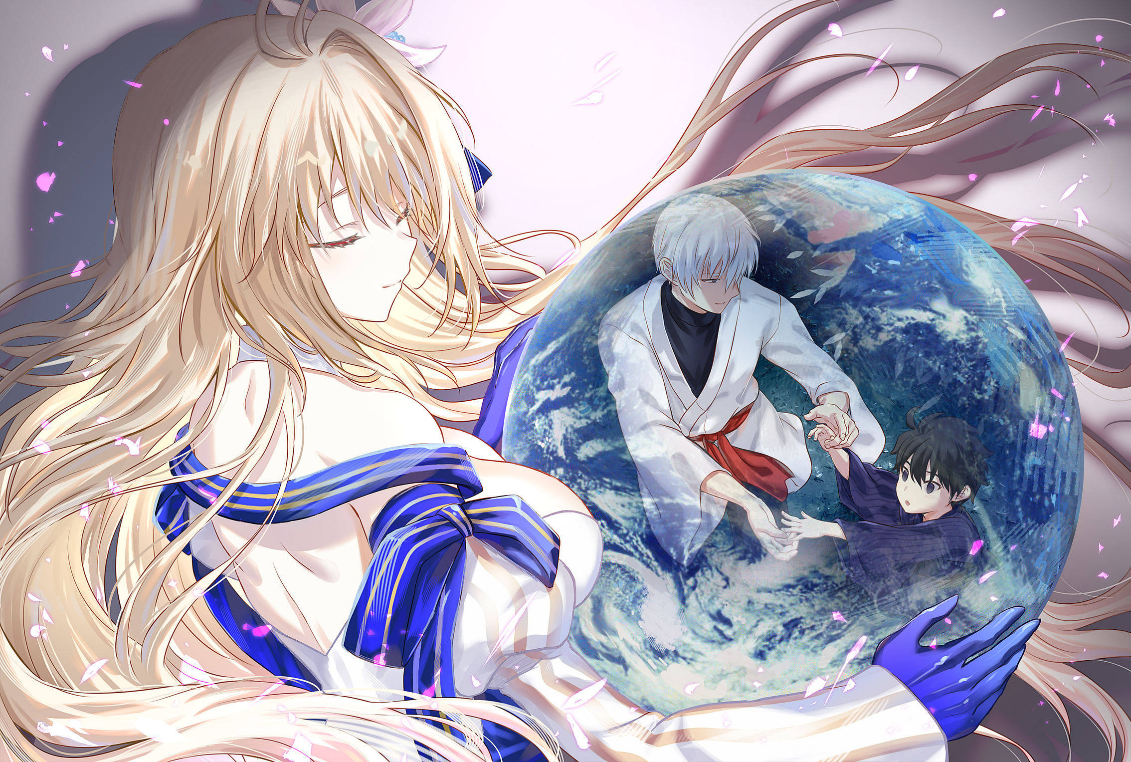 dainatsu, archetype earth, archetype earth (third ascension), arcueid brunestud, nanaya kiri, nanaya shiki, tohno shiki, fate/grand order, fate (series), kagetsu tooya, tsukihime, highres, 1girl, ahoge, bare shoulders, black hair, blue gloves, blue kimono, blue ribbon, blush, breasts, cleavage, closed eyes, closed mouth, dress, earth (planet), father and son, floating hair, flower, gloves, gold trim, hair flower, hair ornament, holding planet, huge breasts, japanese clothes, kimono, large breasts, long hair, planet, ribbon, short hair, very long hair, white dress, white hair