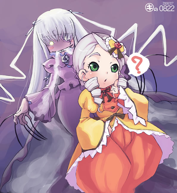 kei jiei, barasuishou, kanaria, rozen maiden, 00s, 2girls, ?, blush stickers, breath, drill hair, evil grin, evil smile, eyepatch, fingernails, flower, glowing, glowing eye, green eyes, grey hair, grin, long fingernails, long hair, multiple girls, open mouth, rose, sharp fingernails, sharp teeth, smile, teeth, two side up, very long hair, white hair, you gonna get raped