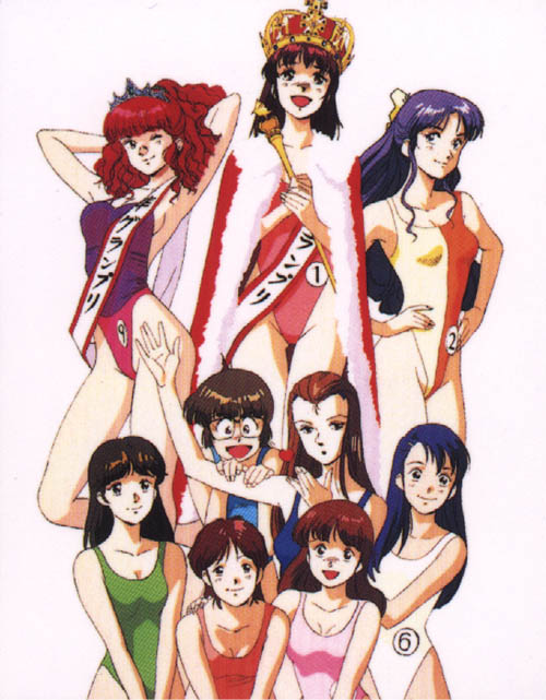 mikimoto haruhiko, amano kazumi, higuchi kimiko, jung freud, takaya noriko, top wo nerae!, top wo nerae! (series), 1980s (style), 6+girls, arms behind head, blue hair, brown eyes, brown hair, casual one-piece swimsuit, competition swimsuit, crown, glasses, highleg, highleg one-piece swimsuit, legs, long hair, multiple girls, oldschool, one-piece swimsuit, purple hair, red hair, retro artstyle, swimsuit