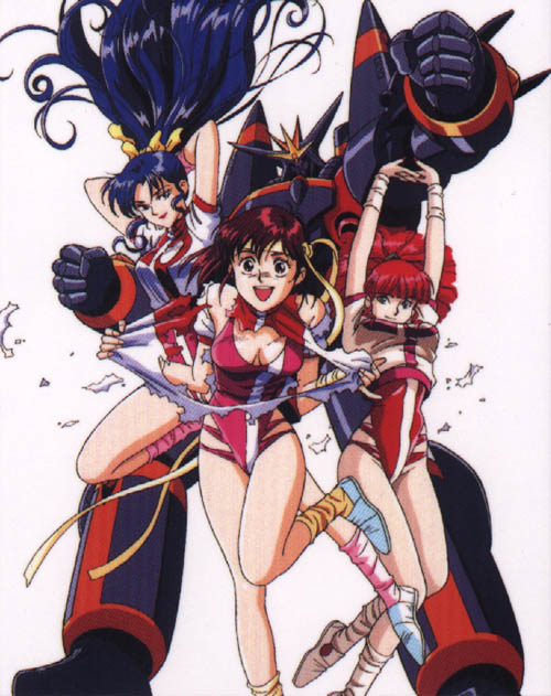 mikimoto haruhiko, amano kazumi, gunbuster, jung freud, takaya noriko, top wo nerae!, top wo nerae! (series), 1980s (style), artbook, 3girls, arms behind head, blue eyes, blue hair, brown eyes, brown hair, hair ribbon, happy, headband, leg warmers, leotard, long hair, mecha, multiple girls, oldschool, ponytail, red hair, red leotard, retro artstyle, ribbon, robot, short hair, single vertical stripe, super robot, torn clothes, wristband
